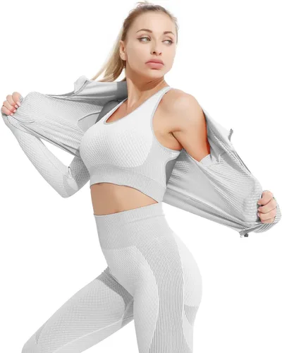 Vista 3 de Conjunto deportivo de 3 piezas para mujer, sin costuras, de manga corta, brasier deportivo, cintura alta, pantalones cortos de yoga, Gris-01