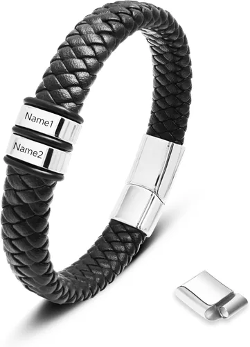 Vista 15 de Pulsera personalizada para hombre con cuentas de nombre personalizadas, pulsera de cuero trenzado personalizada grabada con 2-6 nombres