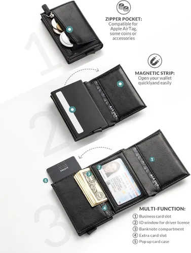 Vista 3 de Cartera plegable de cuero genuino con compartimento para billetes, ventana de identificación y bolsillo para monedas