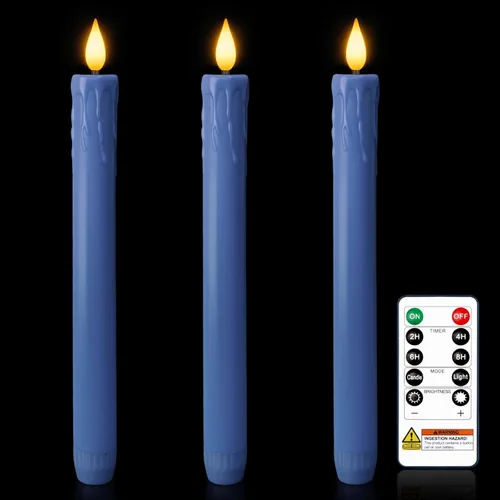 Vista 15 de Homemory Velas cónicas cerosas sin llama de 11 pulgadas con temporizador remoto, 3 velas cónicas que funcionan con pilas con llama parpadeante