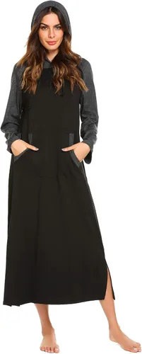 Vista 2 de Ekouaer Camisón de manga larga con capucha para mujer, color de contraste, ropa de descanso de longitud completa con bolsillo, S-4XL