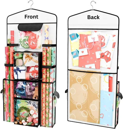 Vista 10 de ProPik Organizador de Almacenamiento de Papel de Regalo Colgante de Doble Cara con Múltiples Bolsillos Organiza tu Papel de Regalo, Bolsas