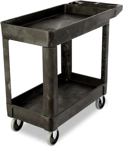 Vista 10 de Carrito de utilería Rubbermaid Commercial Products FG452089BLA resistente, 2 estantes con ruedas, mediano, color negro