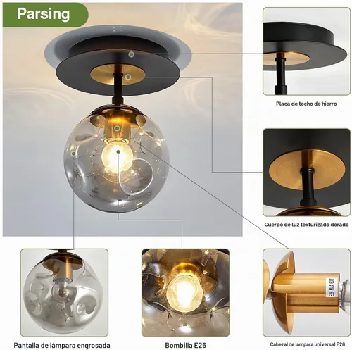 Vista 5 de Lámpara de techo de 1 bombilla de techo con forma de globo de cristal, moderna y semiempotrada de color negro para pasillo, porche, escalera