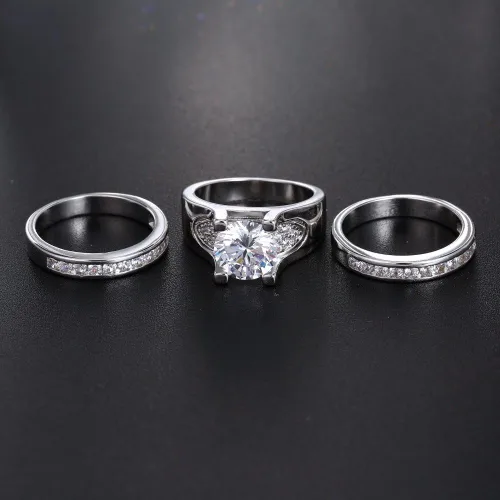 Vista 6 de Juego de 3 piezas de anillos de boda de compromiso de circonita cúbica de corte redondo de 5.56 quilates para mujer
