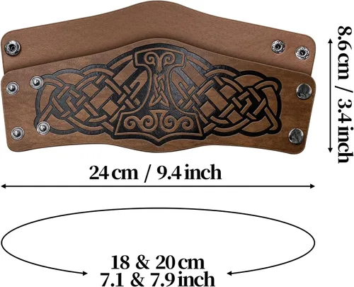 Vista 6 de HiiFeuer 2 pulseras vikingas de piel sintética en relieve, pulsera retro nórdica, patrón nórdico Mjolnir Vegvisir