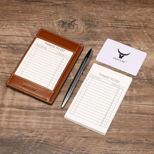 Vista 3 de HISCOW Bloc de notas y cuaderno de bolsillo de cuero italiano, bloc de notas de 3 x 5 con soporte seguro para bolígrafo, organizador de notas marrón