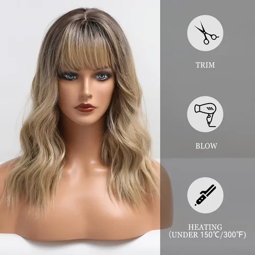 Vista 5 de HAIRCUBE Pelucas de color marrón a rubio con flequillo, pelucas sintéticas de cabello rizado, pelucas de cabello largo ondulado natural resistente