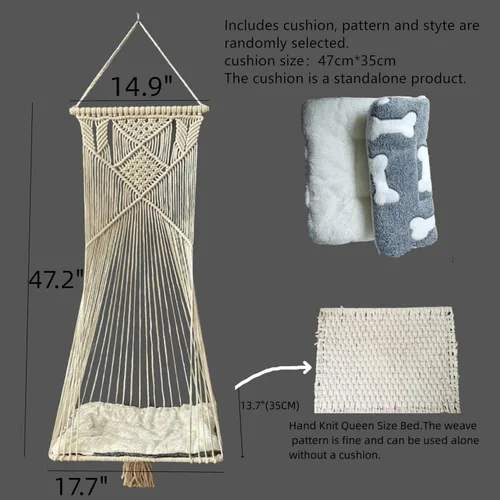 Vista 2 de Hamaca colgante de macramé para gatos, cama columpio para gatos, para ahorrar espacio, perca con algodón lavado para gatos, juguete con borlas