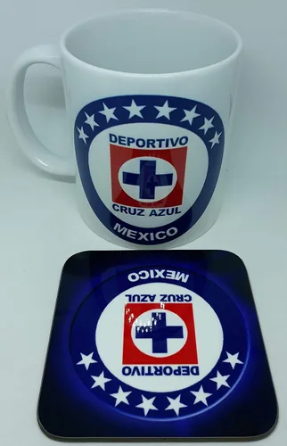 Vista 2 de Cruz Azul Mexico Soccer Team Taza de café con posavasos, taza de cerámica blanca, taza, posavasos y llavero 3 piezas