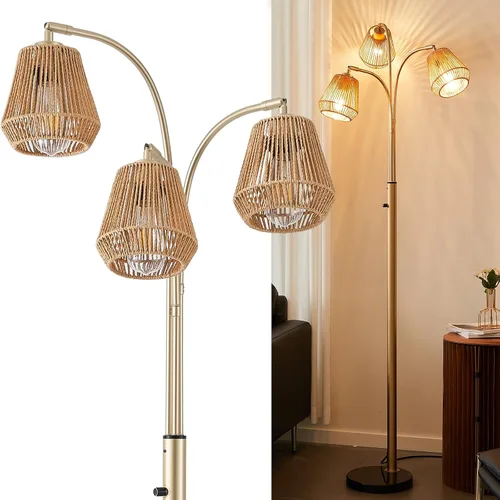 Vista 14 de Lámpara de pie de ratán para sala de estar, lámpara de pie boho de 80 pulgadas de altura con interruptor giratorio, lámpara de arco de 3 luces