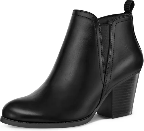 Vista 15 de mysoft Botines de tobillo para mujer con corte en V, panel elástico lateral, tacón grueso apilado con cremallera lateral Patrón de serpiente negro.