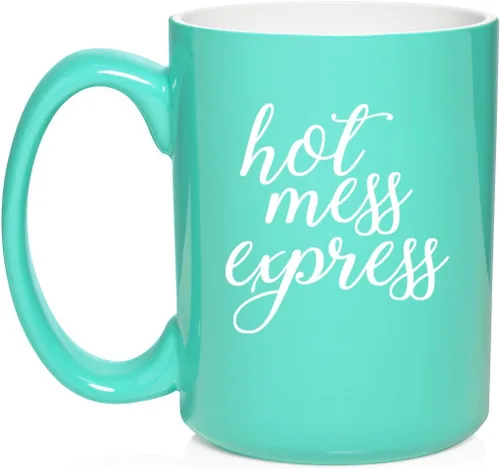 Vista 8 de Daylor Hot Mess Express - Taza de café de cerámica divertida para ella, él, amigo, compañero de trabajo, esposa, esposo (11 onzas, azul)