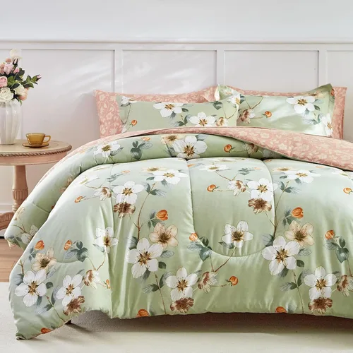 Vista 9 de AIKASY - Juego de 7 piezas de edredón reversible de microfibra suave, juego de cama en una bolsa, tamaño Queen - Estampado floral