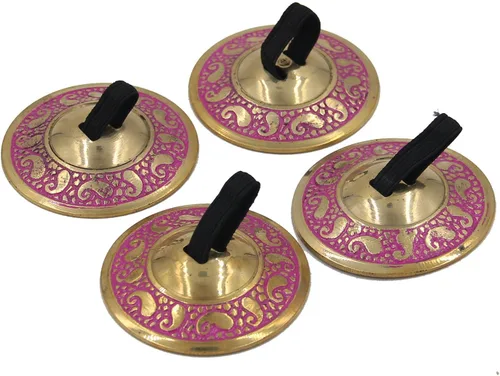 Vista 2 de DharmaObjects - 2 pares de dedos de latón profesional platillos zills danza del vientre bolsa de seda (rosa)