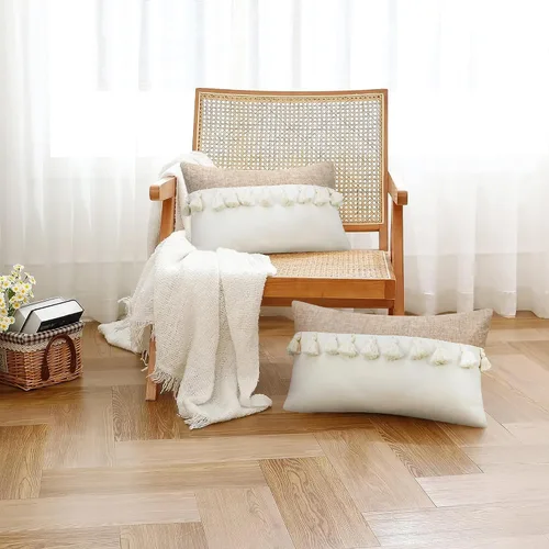 Vista 8 de Merrycolor Juego de 2 fundas de almohada lumbar de lino con retazos bohemios de 12 x 20 pulgadas, fundas de almohada de lino de arpillera de granja