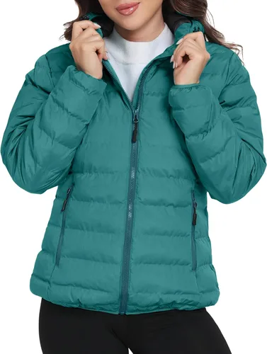 Vista 9 de Little Donkey Andy Women's Lightweight Puffer Jacket Hooded Windproof Winter Coat Jaspeado negro mejorado