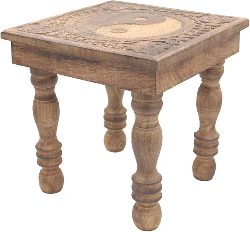 Vista 11 de DharmaObjects Mesa de meditación de altar del santuario de Puja tallada a mano de madera maciza de mango (flor de vida)