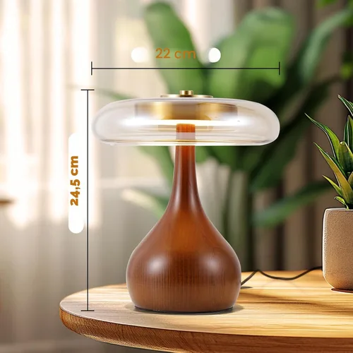 Vista 2 de Lámpara de mesa pequeña para dormitorio - lámpara de mesa con base de madera en forma de hongo lágrima, pantalla de vidrio ámbar, LED de tres