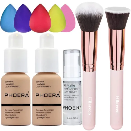 Vista 8 de PHOERA - Base de maquillaje mate de cobertura completa, brochas de maquillaje Kabuki (101 porcelana + 102 desnudos)