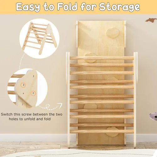 Vista 9 de Olakids Conjunto Triangular Pikler 7 en 1 Juguetes de Escalada para Niños Pequeños de 1 a 3 Años Interior Plegable de Madera Montessori Gimnasio