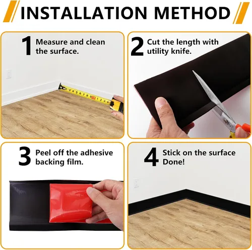 Vista 7 de STICKGOO Moldura de vinilo para zócalo, 4 pulgadas x 20 pies, base de pared de goma autoadhesiva, base de cala para despegar y pegar (negro)