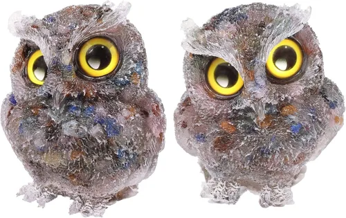 Vista 13 de TUMBEELLUWA Juego de 2 mini adornos de figura de búho de cristal de amatista, estatuas decorativas de búho de resina para mesa de oficina en casa