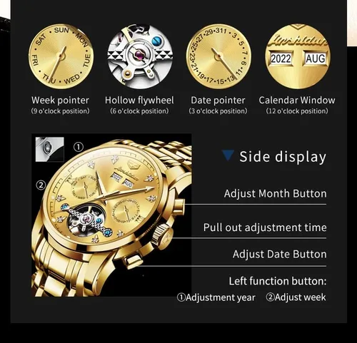 Vista 6 de JSDUN Relojes para hombre automático de cuerda automática, reloj de pulsera mecánico, multicalendario, acero inoxidable, mes, fecha, semana