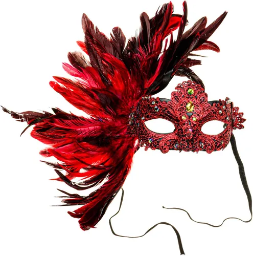 Vista 6 de Máscara veneciana veneciana de lujo para mujer con plumas laterales - rojo, Rojo