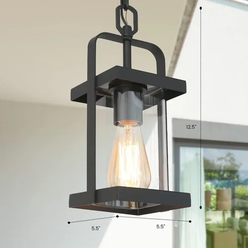 Vista 5 de classy leaves Luces colgantes negras para exteriores, lámpara colgante exterior con vidrio transparente, farol colgante de porche en acabado negro