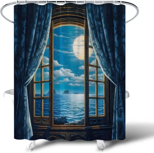 Vista 2 de Cortina de ducha de playa retro azul gótico europeo, cortina de ventana oscura noche llena luna llena océano ola mar balcón verano tropical Hawaii