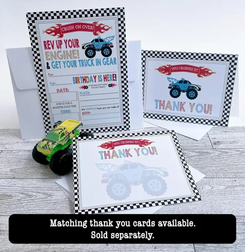 Vista 6 de Baby Fresh Designs Invitaciones de fiesta de cumpleaños Monster Truck - Juego de 15 con sobres