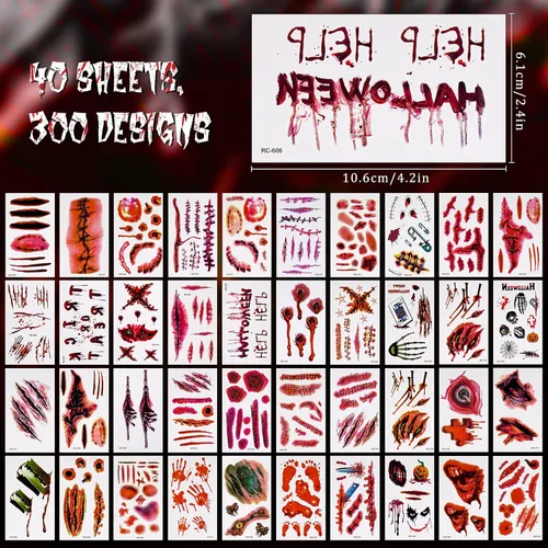 Vista 2 de NiHome 40 hojas de Halloween terror extraíble realista falso tatuaje temporal, traje de zombi Cosplay herida de sangre sangrado cicatriz variedad