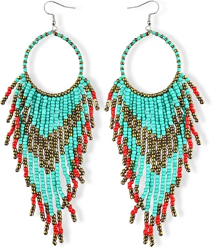 Vista 6 de Western Earring Bundle for Women Boho Turquoise Patina Tassels & Handmade Colorful Bead Dangles for Concerts & Festivals