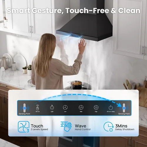 Vista 3 de VIKIO HOME Campana extractora profesional de 30 pulgadas para montaje en pared, 980 CFM, panel directo de 3 velocidades con control por gestos