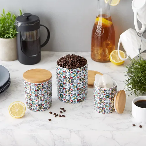 Vista 5 de DII - Juego de recipientes de cerámica para cocina, colección de azulejos florales, 3 piezas