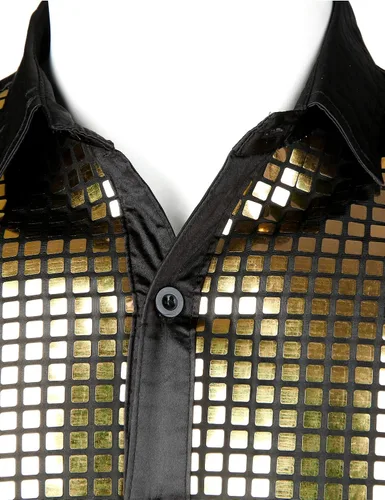 Vista 4 de Jogal - Camisa de vestir para hombre con lentejuelas plateadas, manga larga, botones, de los años 70, disfraz de fiesta o discoteca
