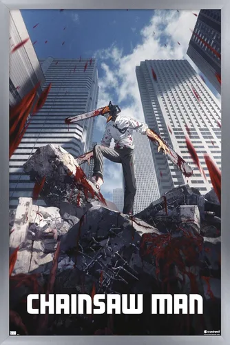 Vista 11 de Chainsaw Man - Póster de pared de arte clave, 22.4 pulgadas de largo x 14.7 pulgadas de ancho, versión enmarcada de madera de granero