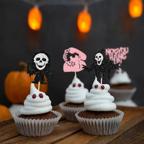 Vista 6 de Gyufise 24 piezas de decoración de cupcakes de película de terror con purpurina para teléfono con purpurina para teléfono sin que cuelgues asesino