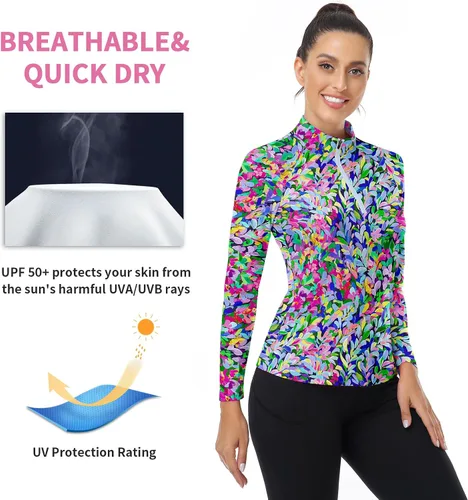 Vista 3 de WOWENY - Camiseta de manga larga con cremallera de 1/4 para mujer, con cuello, para hacer deporte, con estampado, para tenis Hoja multicolor.