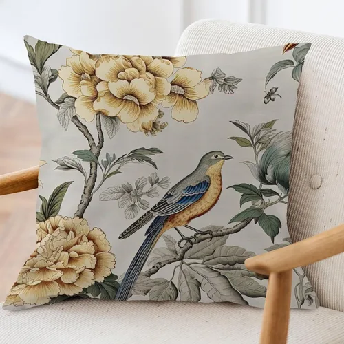 Vista 3 de ArogGeld Funda de cojín para sofá de granja con diseño de pájaro chinoiserie amarillo y gris, peonía, pavo real, decoración del hogar, funda