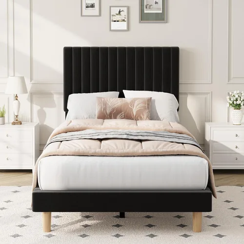 Vista 14 de IDEALHOUSE Base de cama individual con cabecera ajustable, plataforma tapizada de terciopelo, marco de cama tamaño individual, canal vertical Beige