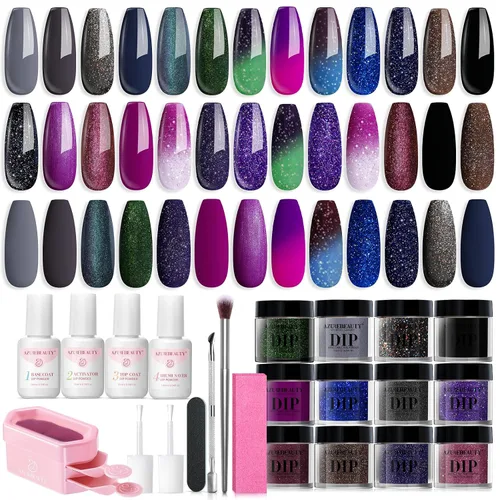 Vista 9 de AZUREBEAUTY Kit de Iniciación de Polvo para Uñas de Inmersión de 20 Colores Nude Marrón Brillantina Púrpura Azul Conjunto de Polvo y Líquido