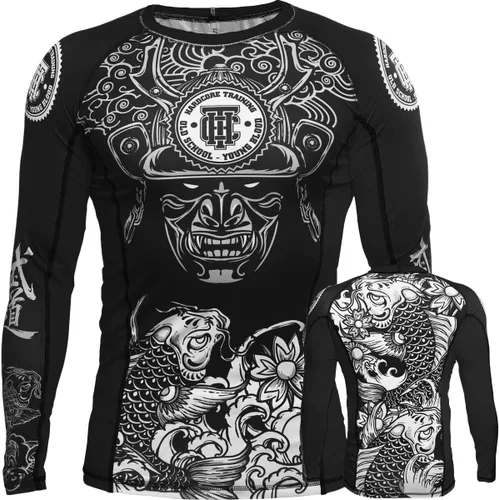 Vista 6 de Hardcore Training Camiseta de compresión para hombre, manga larga, Jiu Jitsu, MMA No-Gi, BJJ apretada, capa base de combate Negro Gris