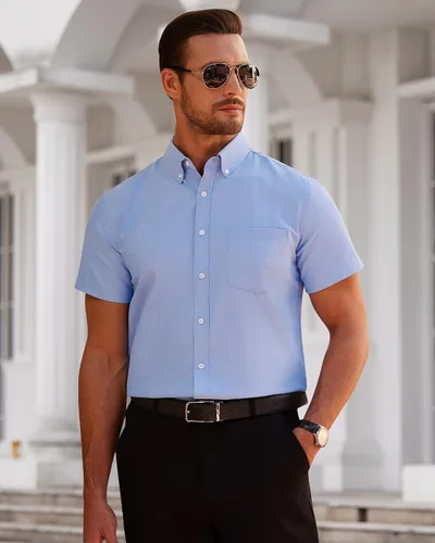 Vista 6 de Alimens & Gentle Camisa Oxford de manga corta para hombre, ajuste regular, cuello abotonado, con bolsillo