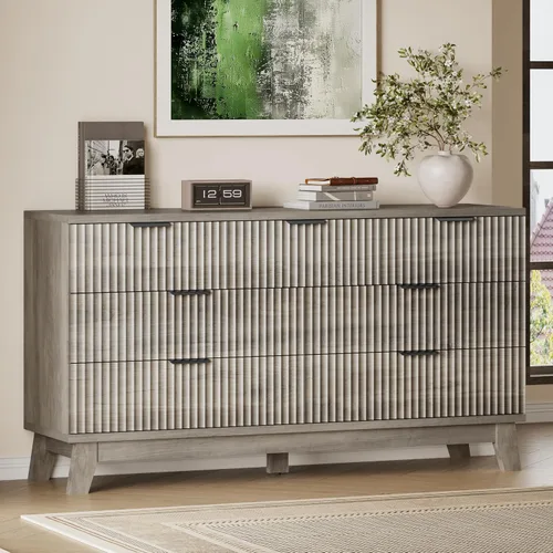 Vista 10 de BORNOON Cómoda acanalada de 3 cajones, 30.3 pulgadas de alto, cómoda bohemia compacta y moderna, armario de almacenamiento de madera