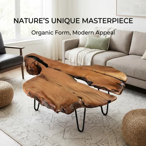 Vista 4 de Mesa de centro única de madera natural con borde vivo para sala de estar, madera maciza hecha a mano, diseño único con forma orgánica