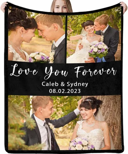 Vista 16 de Manta de fotos personalizada, manta de pareja de boda, con texto en inglés «He Asked And She Said Yes», 4 fotos, manta de boda, regalo romántico