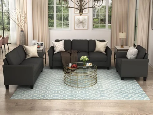 Vista 3 de Daesar Juego de sofá de 3 piezas, moderno sofá silla, sofá biplaza muebles para sala de estar, mezcla de poliéster negro