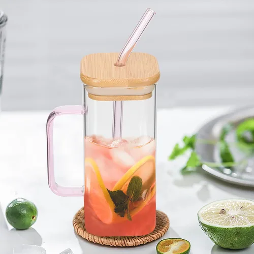 Vista 9 de Hemoton Beber con tapa de bambú y juego – Taza cuadrada de 13.5 oz (13.5 fl oz) con asa, vasos de café helado (rosa)